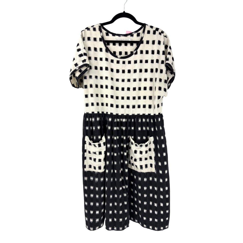 Love to Love You Black White Ikat Grid Patch Pocket Midi Dress Large